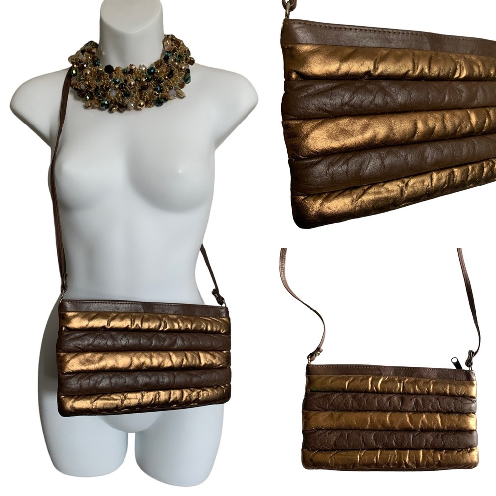 VTG 80s Leather Puffy Padded Quilted Clutch Bag ~ Metallic Bronze Gold & Brown
